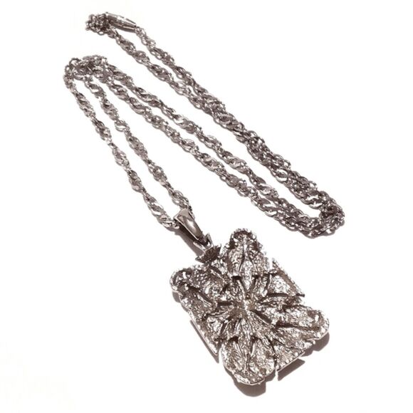 Vintage Silver Tone 60's Style Floral Pendant Necklace 24" - Picture 6 of 6